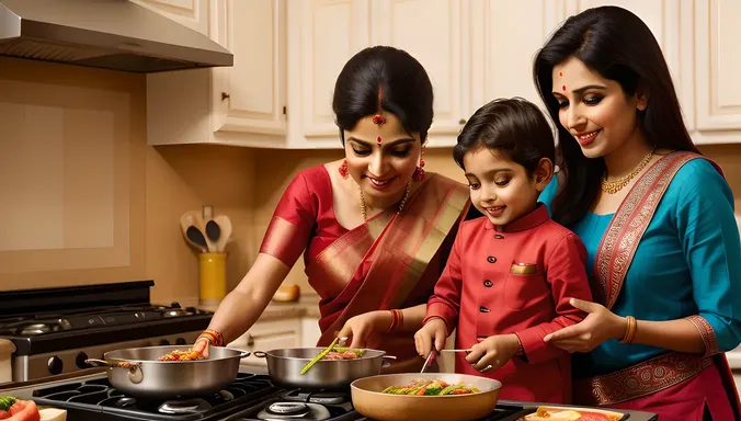 Warm Indian Bhabhi Cooks with Children in Cozy Kitchen