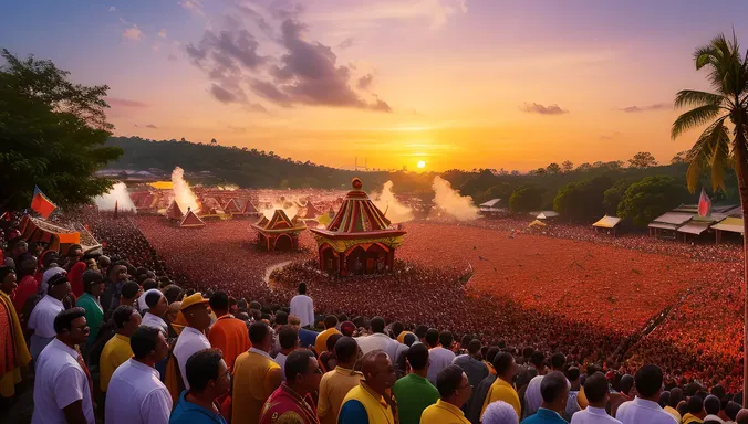 Warm Pooram Procession at Sunset with Vibrant Colors