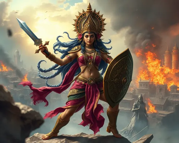 Warrior Bhadrakali Destroys City with Sword and Shield