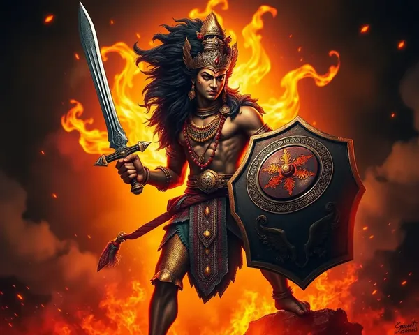 Warrior Lord Murugan with Sword and Shield in Fiery Background