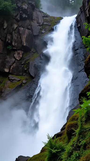 Waterfall Creates Misty Veil in Rainforest