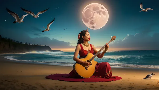 Whimsical Bhadrakali Goddess of Time and Destruction on Moonlit Beach
