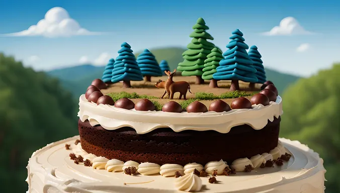 Whimsical Black Forest Cake Forest Scene Illustration