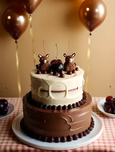 Whimsical Black Forest Cake with Chocolate Animals and Cherries