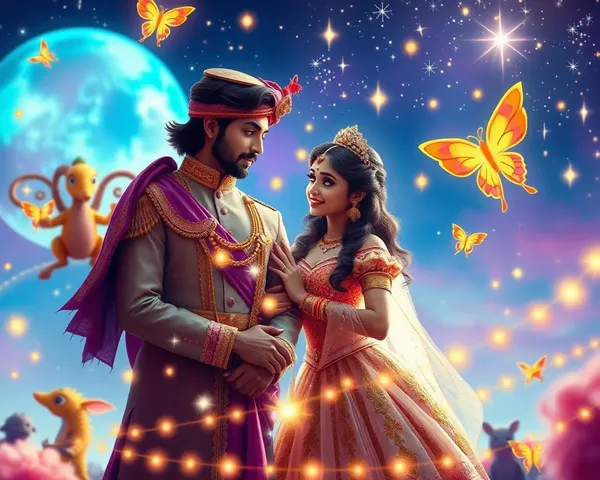 Whimsical Bollywood Fantasy Scene with Princess and Prince