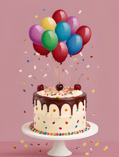 Whimsical Cartoon Black Forest Cake with Confetti and Balloons