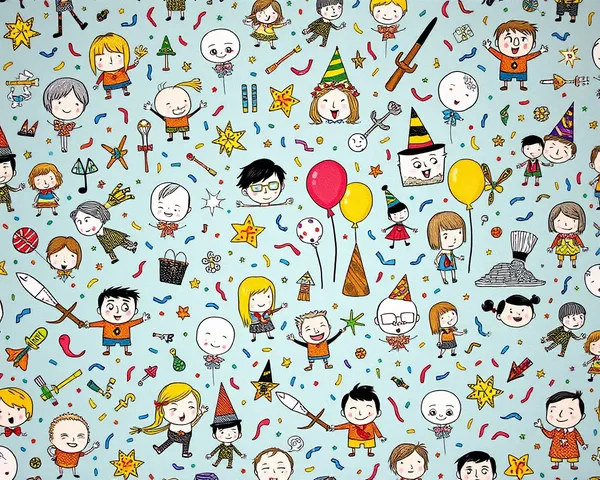 Whimsical Cartoon Characters Celebrate with Confetti and Balloons
