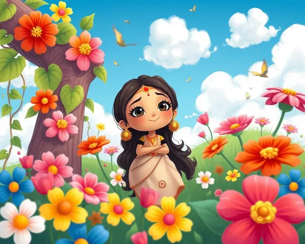Whimsical Cartoon Poonam Surrounded by Colorful Flowers and Vines