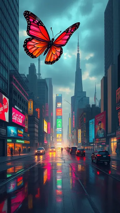 Whimsical Cityscape with Butterfly Soaring Above