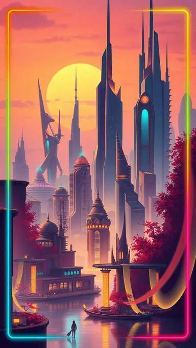 Whimsical Cityscape with Neon Border Background