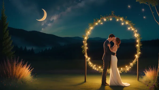 Whimsical Couple's Magical Forest Hug with Fireflies and Flowers
