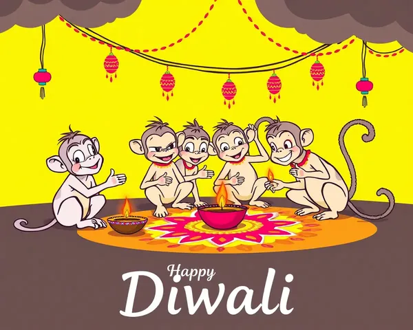 Whimsical Diwali Illustration: Mischievous Monkeys Playing with Diyas