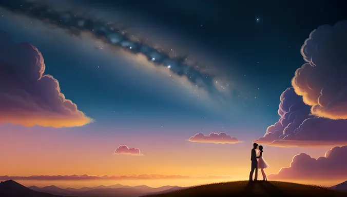 Whimsical Dreamlike Boy and Girl Kissing Illustration