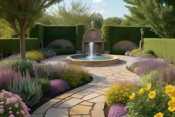 Whimsical Fairy Garden with Delicate Flowers and Sparkling Fountains