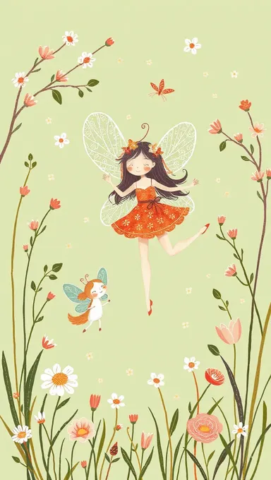 Whimsical Fairy Illustration with Sage Green Garden Background