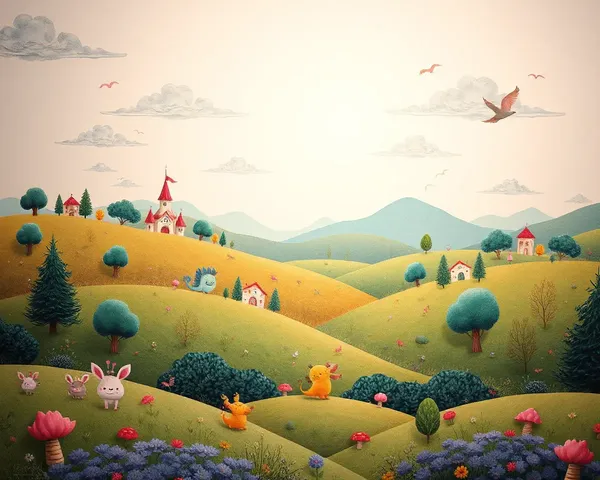 Whimsical Fantastical Landscape with Rolling Hills and Creatures