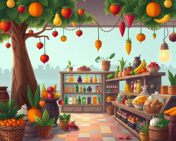 Whimsical Fantasy Kirana Store with Magical Vegetables and Spices.