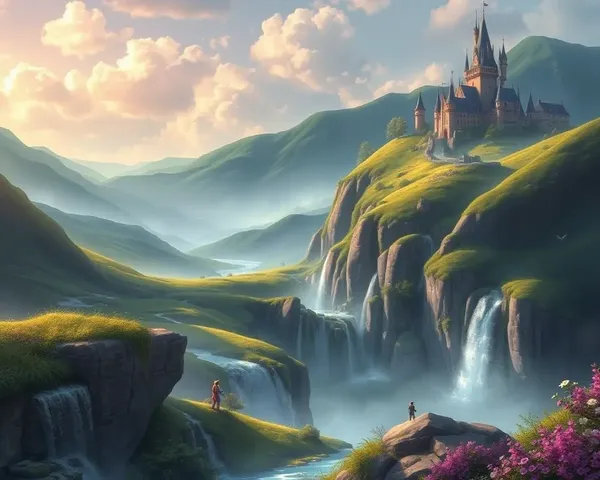 Whimsical Fantasy World with Rolling Hills and Castle Background
