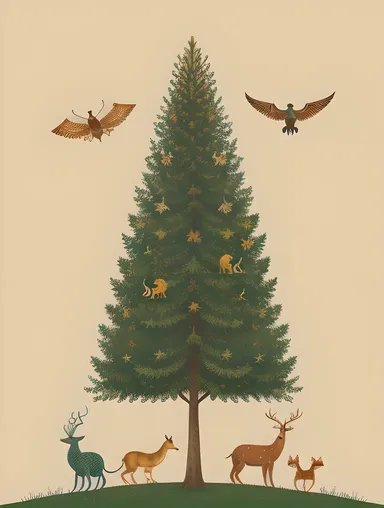 Whimsical Fir Tree Illustration with Mythical Creatures