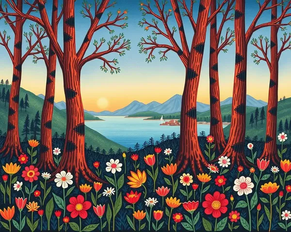 Whimsical Forest Scene Madhubani Wallpaper with Tranquil Lake