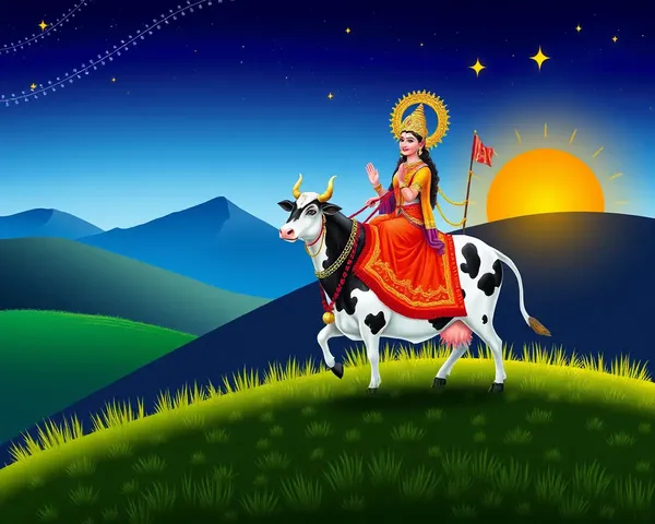 Whimsical Gau Mata Riding a Majestic Cow at Sunrise