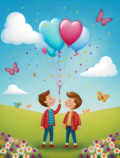 Whimsical Girl and Boy Love Scene with Flowers and Glitter