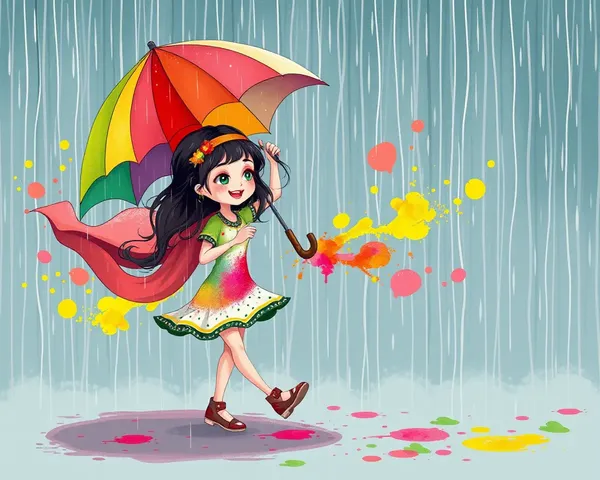 Whimsical Holi Girl Dancing in the Rain with Rainbow Umbrella