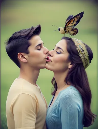 Whimsical Illustration of Boy and Girl Kissing with Magical Elements