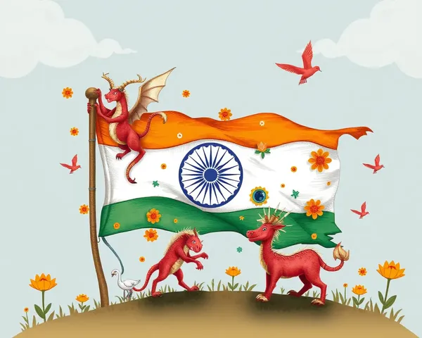 Whimsical Indian Flag with Mythical Creatures and Magic
