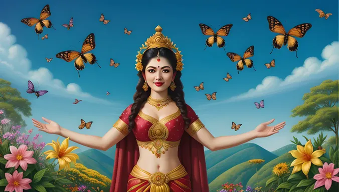 Whimsical Kaliamman Surrounded by Exotic Flowers and Bees