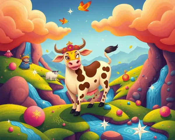 Whimsical Kamadhenu in Fantastical Landscape with Sparkling Waterfalls.
