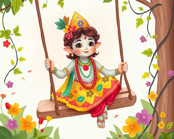 Whimsical Krishna on Swing in Colorful Floral Dress