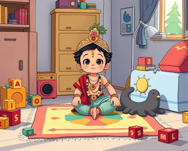 Whimsical Little Krishna on Colorful Rug with Toys