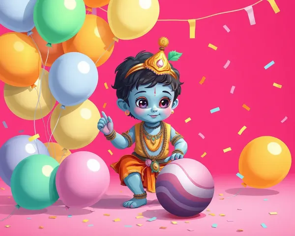 Whimsical Little Krishna with Balloons and Confetti