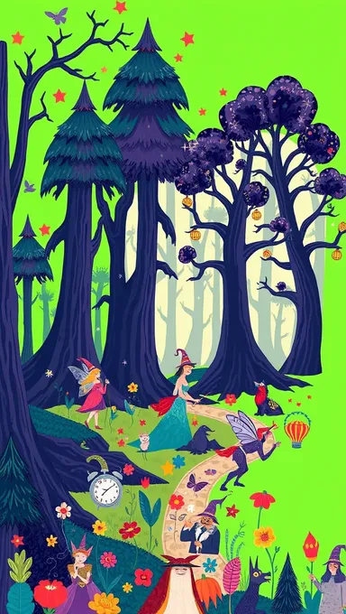 Whimsical Magical Forest with Pop Culture Icons on Bright Green