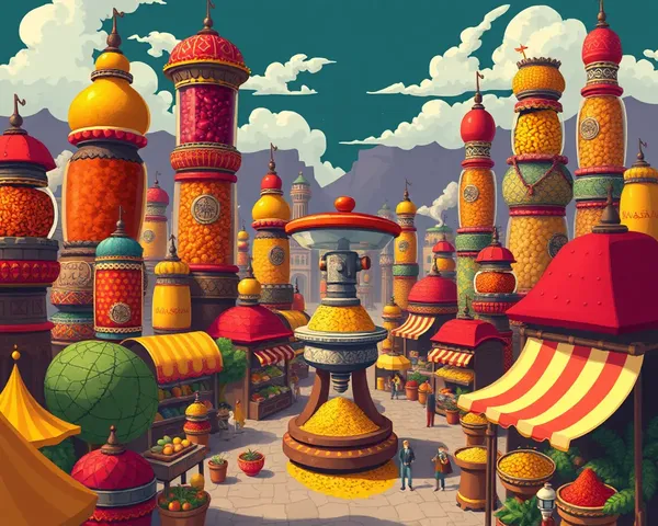 Whimsical Masala-Inspired Cityscape with Spice Jars