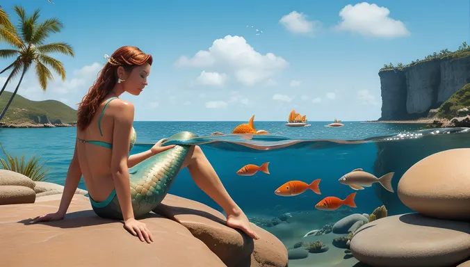 Whimsical Mermaid with theetam Shell and School of Fish