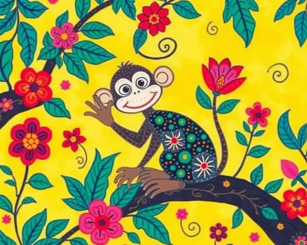 Whimsical Monkey Madhubani Art Wallpaper with Sunny Yellow