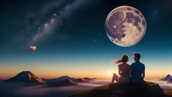 Whimsical Moonlit Hill with Girl and Boy's Love