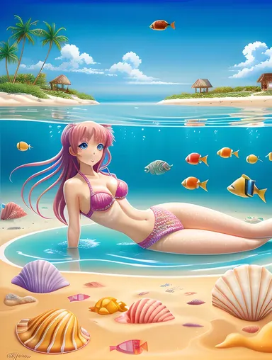 Whimsical Nude Anime: Mermaid on Beach with Seashells and Fish