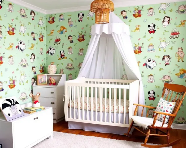 Whimsical Nursery with Cartoon Character Mint Green Wallpaper
