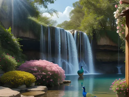 Whimsical Paper Peacock Hides Behind Waterfall with Chimes and Flowers