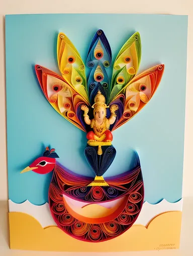 Whimsical Paper Quilled Ganesha Riding Peacock with Om Symbol