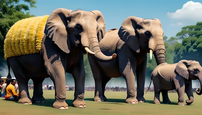 Whimsical Pooram Scene with Giant and Tiny Elephants