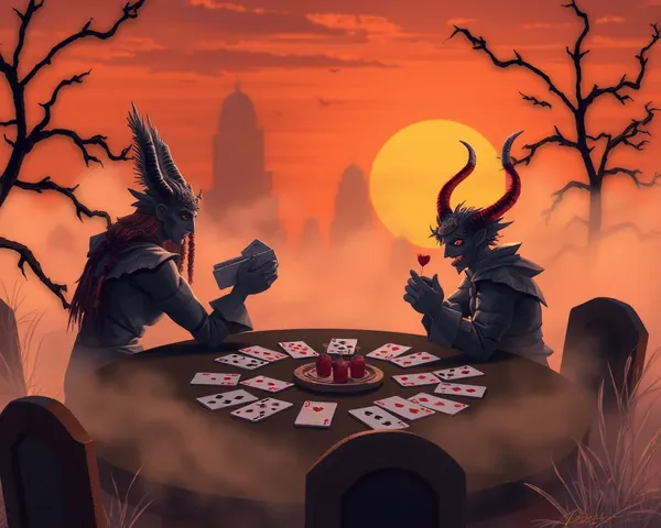Whimsical Rummy Game on Sunset Background with Mist and Clouds