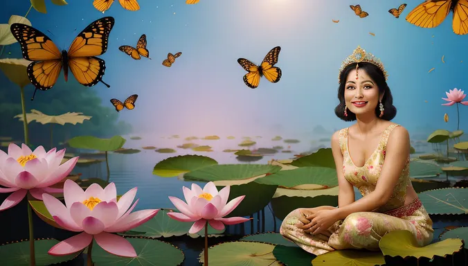 Whimsical Satyabhama Surrounded by Butterflies on Lotus Flower.