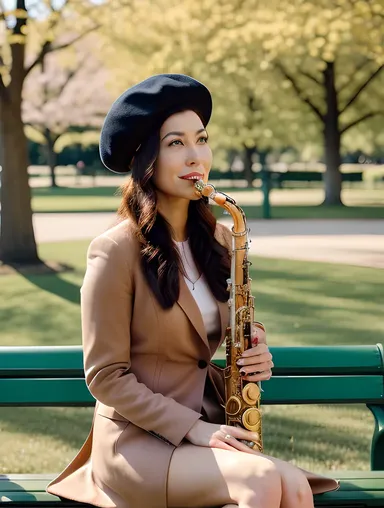Whimsical Saxy Woman on Park Bench with Saxophone