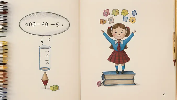 Whimsical School Girl Floats with Books and Thought Bubbles