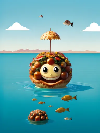 Whimsical Takoyaki Ball with Sea Creatures and Seaweed Images.