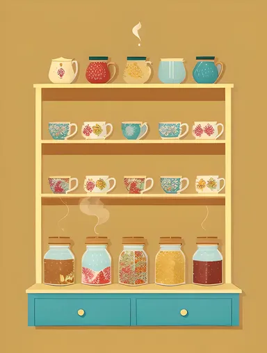 Whimsical Tea Shop with Colorful Tea Boxes and Sweet Treats